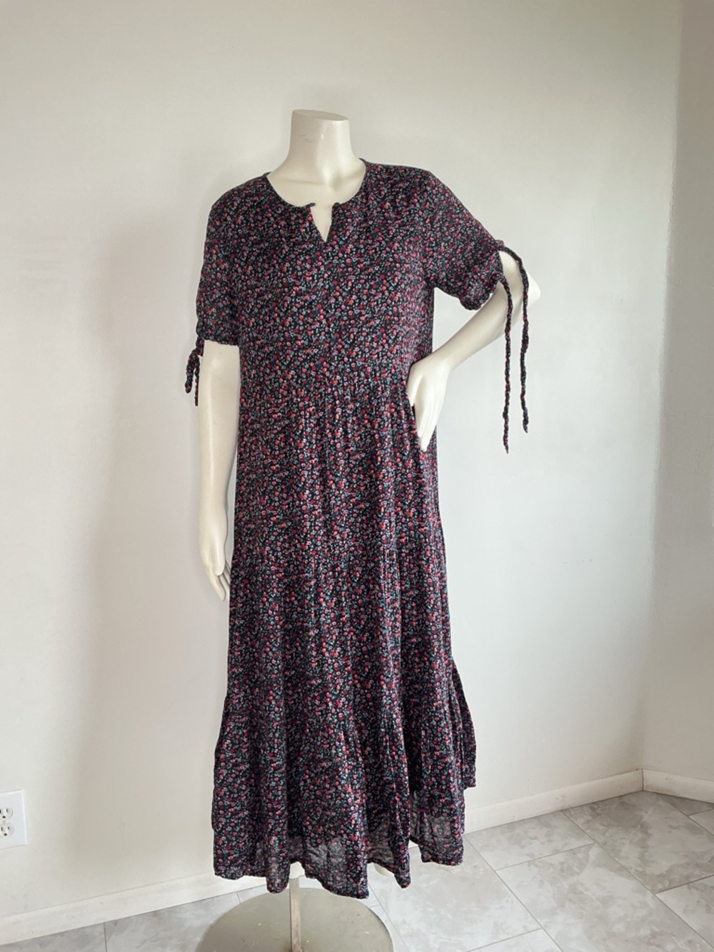 Madewell Tie-Sleeve Tiered Dress L Cotton prairie botanical Boho oversized